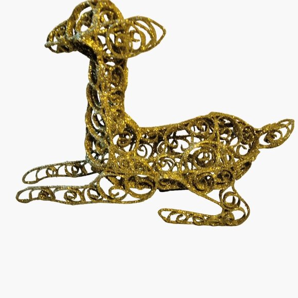 Gold Glitter Wire Reindeer Christmas Centerpiece Holiday Lying Down Figurine - Picture 2 of 9